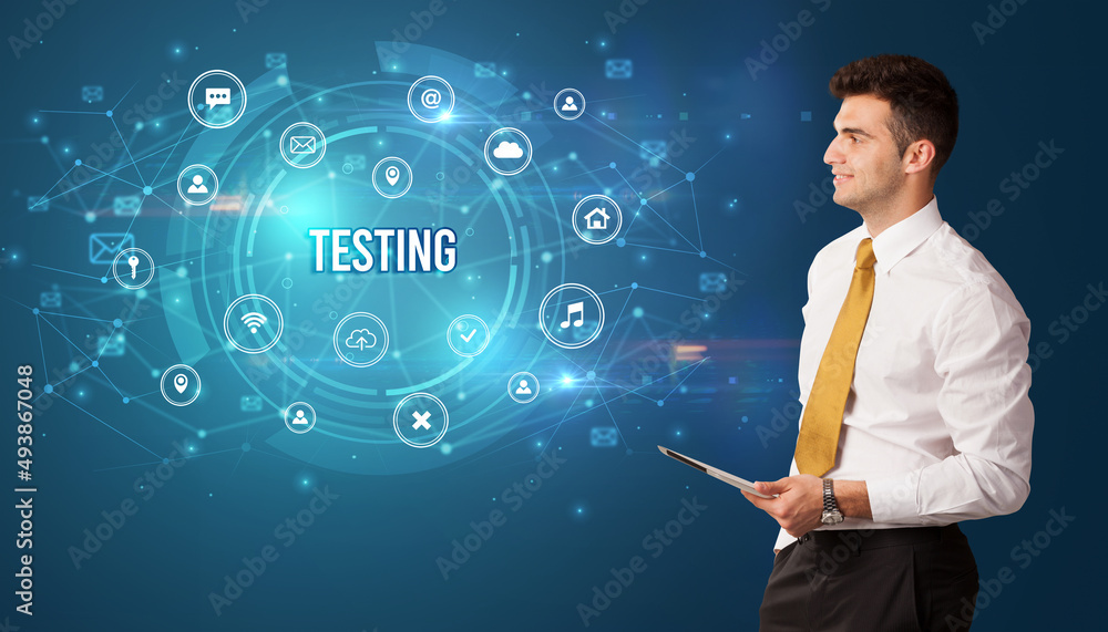 Businessman thinking about modern technology Businessman thinking about modern technology