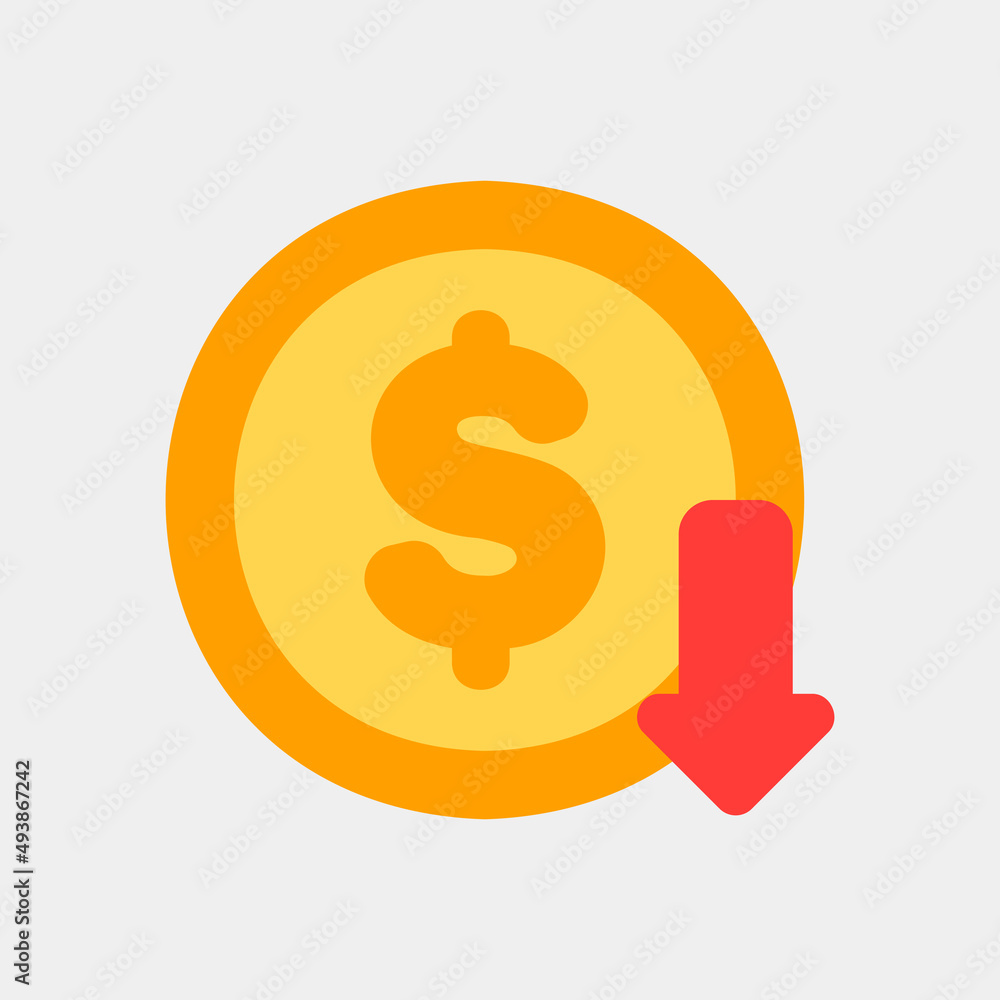 Dollar down icon in flat style about currency, use for website mobile app presentation Dollar down icon in flat style about currency, use for website mobile app presentation