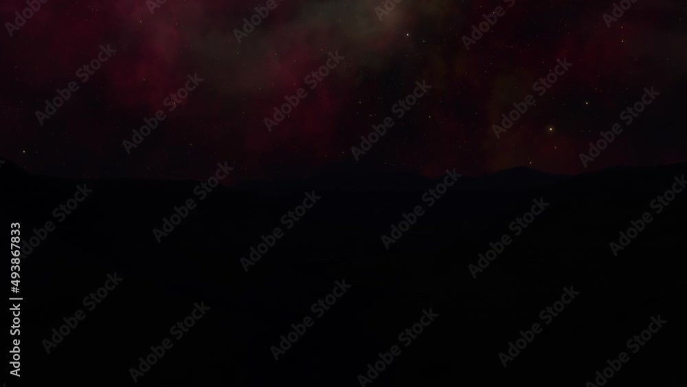 Cinematic flight along a rocky exoplanet with Earth-like features in the Milky Way during sunset