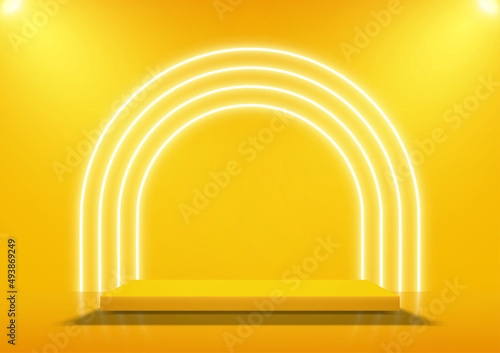 Empty square pedestal for product displays with neon arch lighting on yellow background. Vector illustration.