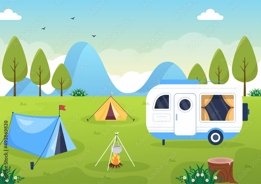Camping Car Background Illustration with Tent, Camper Car and Equipment for People on Adventure Tours or Holidays in the Forest or Mountains Camping Car Background Illustration with Tent, Camper Car and Equipment for People on Adventure Tours or Holidays in the Forest or Mountains