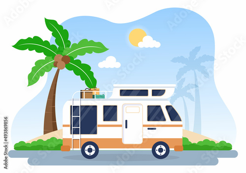 Camping Car Background Illustration with Tent, Camper Car and Equipment for People on Adventure Tours or Holidays in the Beach © denayune