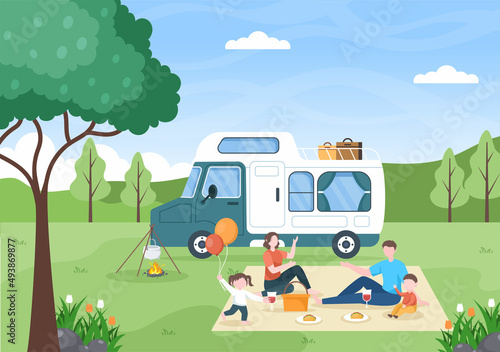 Camping Car Background Illustration with Tent, Camper Car and Equipment for People on Adventure Tours or Holidays in the Forest or Mountains