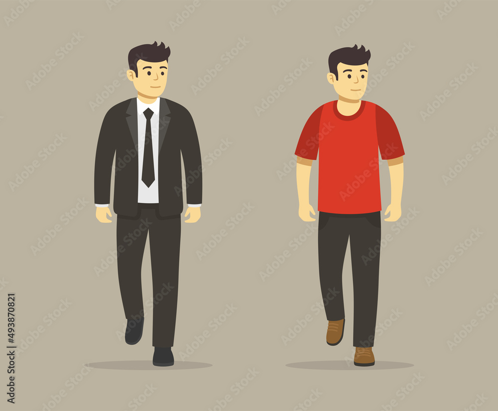Isolated walking businessman or manager and casual wearing character. Front view. Flat vector illustration template. 