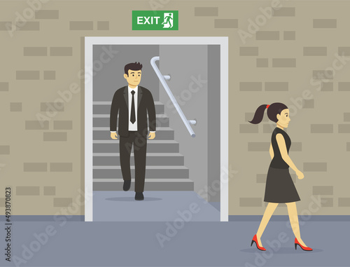 Young businessman exit office down stairs. Male character staring at female in the building. Flat vector illustration template.
