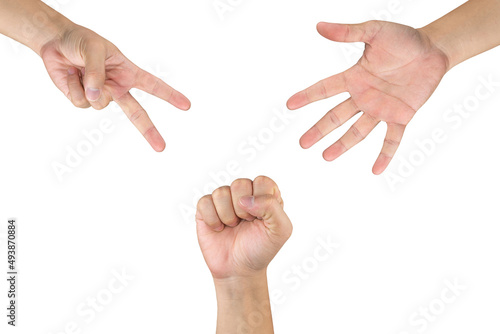 Rock Paper Scissors gambling hand game for all of ages and sex. This is Asian male hands post on white background.