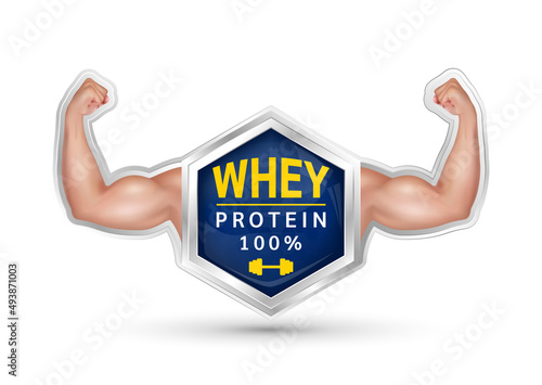 label aluminum whey protein. Male arm with a big strong bicep. Tense flex muscles of sportsman. Dietary supplement for bodybuilding and fitness. Sport medical concept. On a white background 3D vector.
