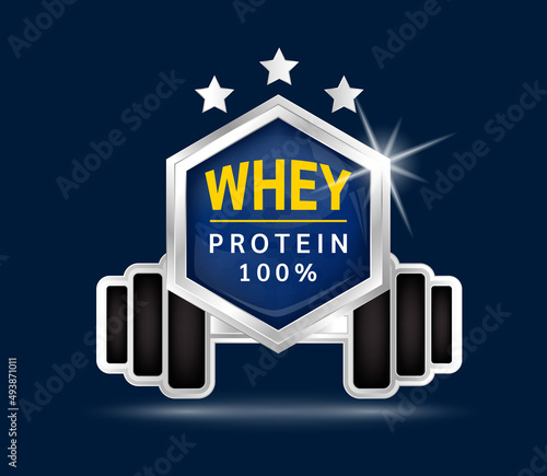label aluminum whey protein in barbell form. Dietary supplement for bodybuilding and fitness. Sport medical concept. On a blue background 3D vector.