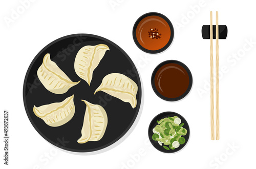 Asian dumpling set with differn sauces