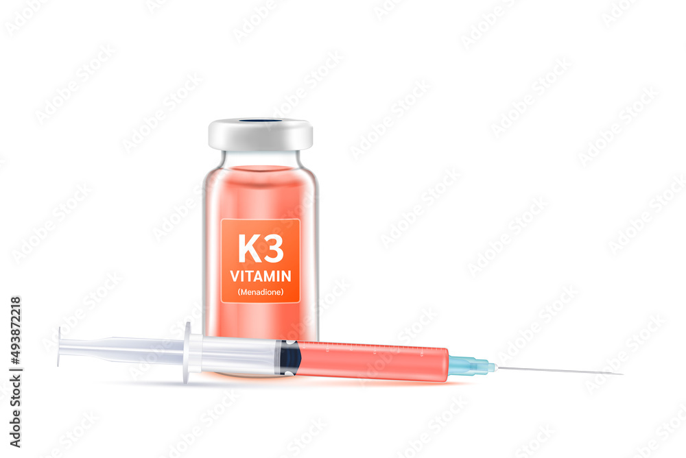 Serum collagen vitamin K3 inside bottle and syringe. Medicine injection ...