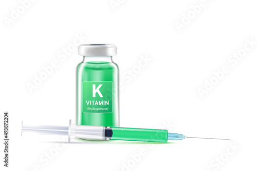 Serum collagen vitamin K inside bottle and syringe. Medicine injection of IV drip vitamins and minerals for health. Medical aesthetic concept. Glass vaccine bottle isolated on white background vector.