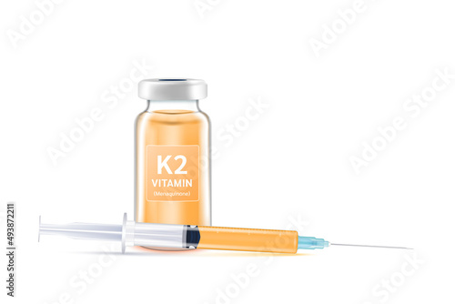 Serum collagen vitamin K2 inside bottle and syringe. Medicine injection of IV drip vitamin and minerals for health. Medical aesthetic concept. Glass vaccine bottle isolated on white background vector.