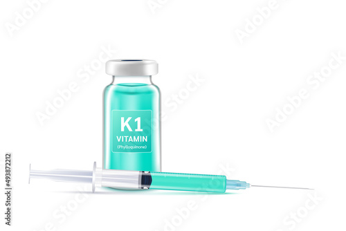 Serum collagen vitamin K1 inside bottle and syringe. Medicine injection of IV drip vitamin and minerals for health. Medical aesthetic concept. Glass vaccine bottle isolated on white background vector.