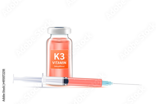 Serum collagen vitamin K3 inside bottle and syringe. Medicine injection of IV drip vitamin and minerals for health. Medical aesthetic concept. Glass vaccine bottle isolated on white background vector.