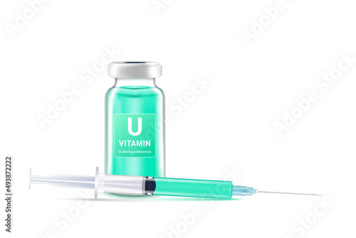 Serum collagen vitamin U inside bottle and syringe. Medicine injection of IV drip vitamins and minerals for health. Medical aesthetic concept. Glass vaccine bottle isolated on white background vector.
