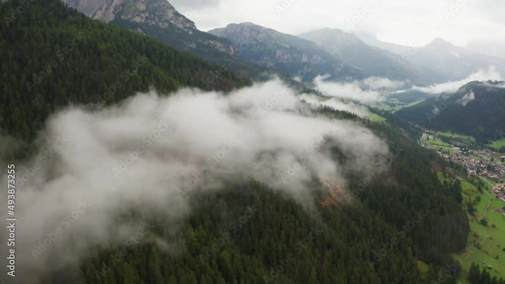 Ancient Alps mountain covered with coniferous forest at highland aerial view. Flight over light fluffy clouds. Ecology and environment conservation