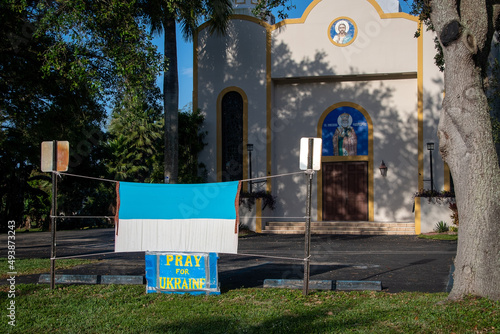 Pray for Ukraine Sign Outside the Ukrainian Orthodox Church of St. Nicholas in Cooper City, Florida