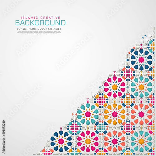 Islamic design greeting card background template with ornamental colorful detail of floral mosaic islamic art ornament.Vector illustration.