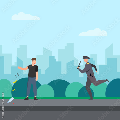 man littering shocked caught by the police vector illustration