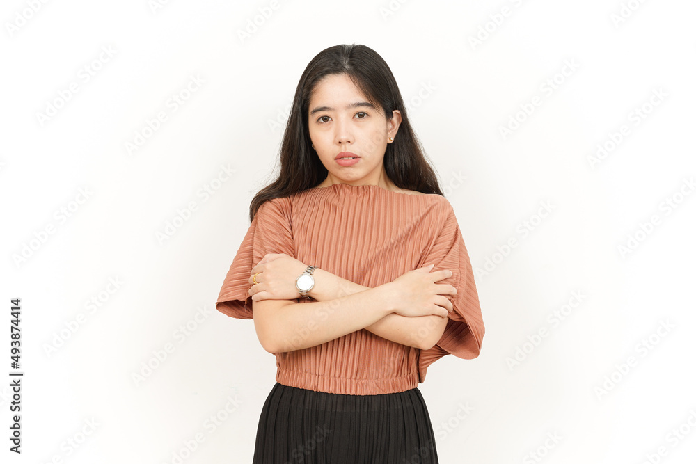 Freezing gesture Of Beautiful Asian Woman Isolated On White Background