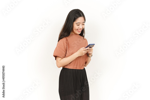 Holding and Using Smartphone Of Beautiful Asian Woman Isolated On White Background