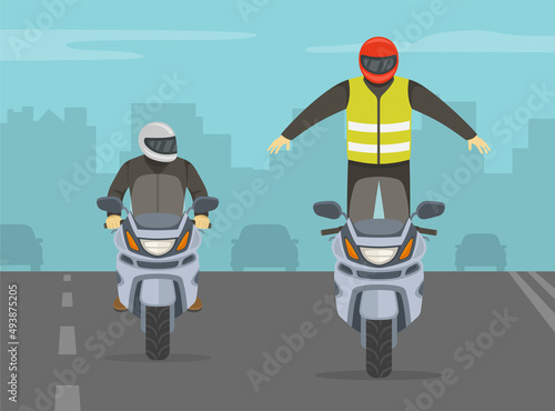 Man in a red helmet standing on a motorcycle while riding. Dangerous moto stunt riding on a city road. Flat vector illustration template.