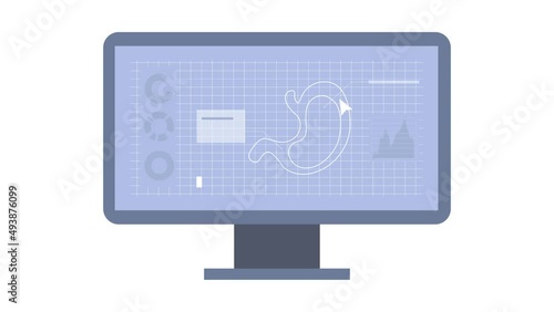 3D model of stomach animation on computer screen for bioprinting on transparent background.Medical program, diagnostics, research. Organ transplantation concept