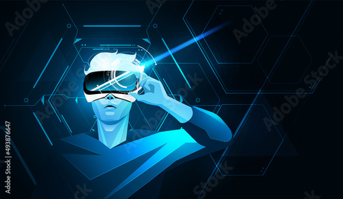 Metaverse digital cyber world technology, Man holding virtual reality glasses on blue abstract background, vector illustration.