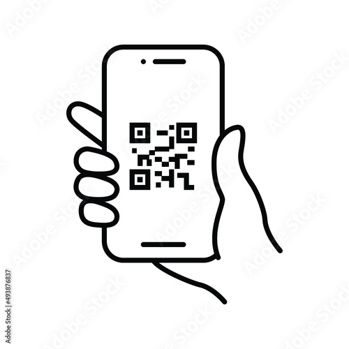 QR code scanning in smartphone screen. Hand holding Mobile phone. Simple line icon style, barcode scanner for pay, web, mobile app. Vector illustration isolated. EPS 10.