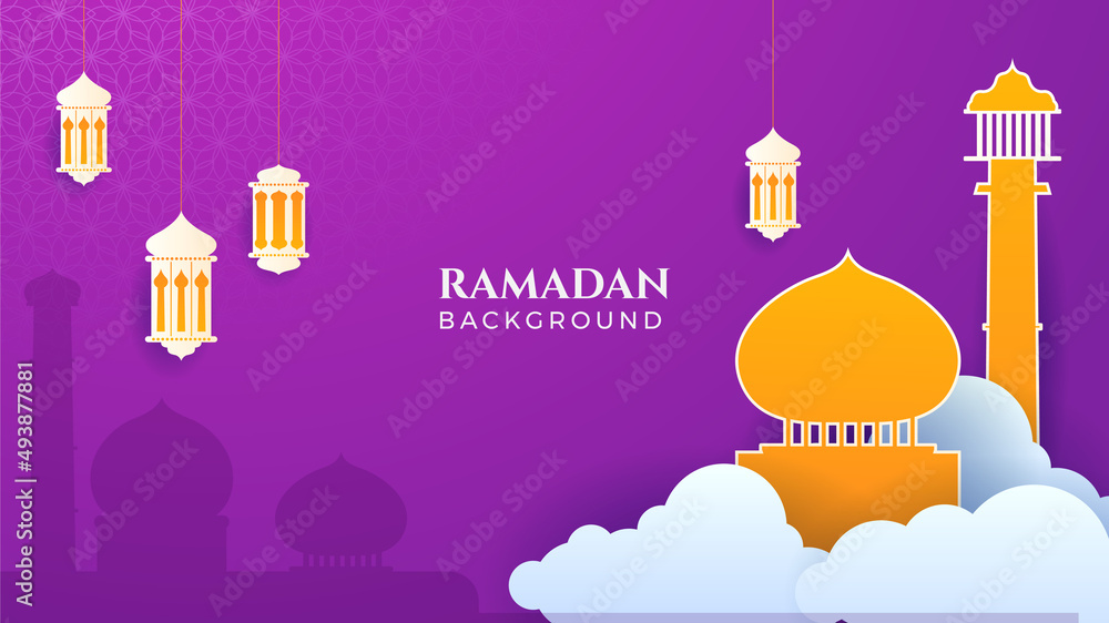 Islamic Ramadan background banner with mosque arabic pattern lantern moon crescent star. Design for Eid Adha, Eid Fitr, Muharram, Mawlid Nabi Prophet, Islamic New Year. Vector illustration.