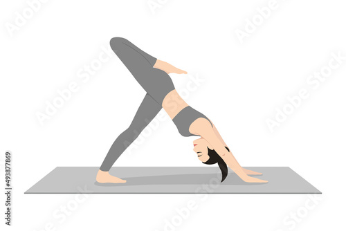 Three Legged Downward Facing Dog Pose Variation Stacked. Beautiful girl practice Tri Pada Adho Mukha Svanasana Variation Stacked. Young attractive woman practicing yoga exercise. working out, black