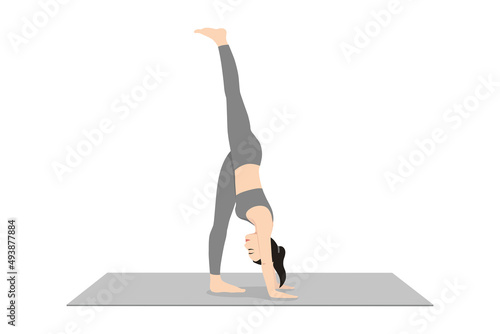 Standing Split Pose, One Legged Extended Forward Bend, One Foot Extended Upward Pose. Beautiful girl practice Eka Pada Uttanasana. Young attractive woman practicing yoga exercise. working out, black