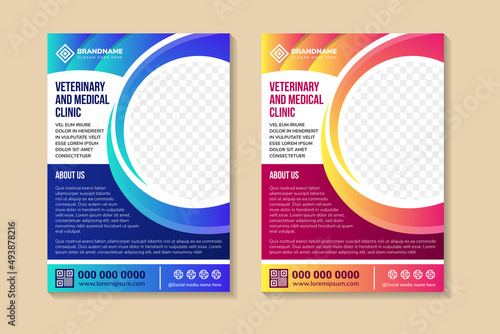 veterinary care and medical clinic flyer template design. Pet Care Flyer leaflet design. Best care for your pet poster, cover. space for photo and text. two color selected are blue and red gradient