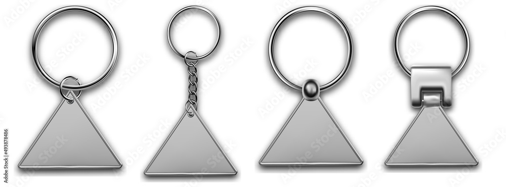 Metal keyring triangular shape , leather keychain, holder trinket for key with metal ring. Silver colored accessories. Realistic template metal keychain set. Blank accessory for corporate identity. Metal keyring triangular shape , leather keychain, holder trinket for key with metal ring. Silver colored accessories. Realistic template metal keychain set. Blank accessory for corporate identity.