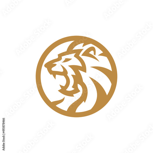 Roaring lion and circle crest heraldry logo, line art outline lion head vector icon