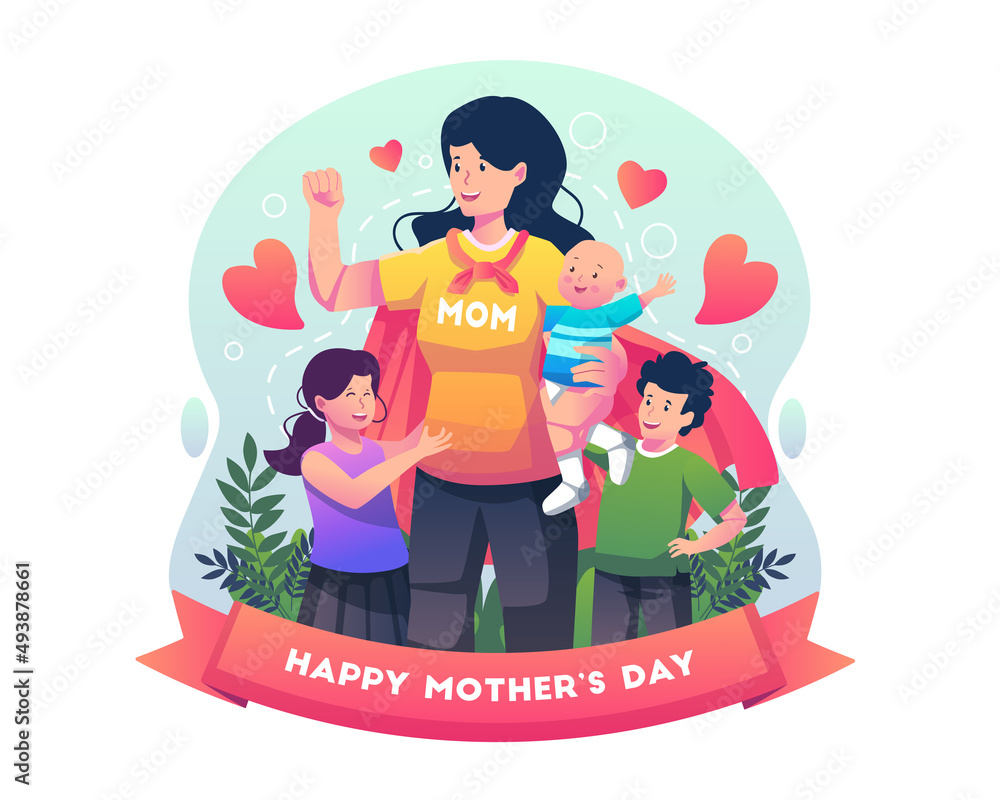 Mother is wearing a superhero cape and holding a baby. Supermom celebrates mother's day with her kids. Flat style vector illustration Mother is wearing a superhero cape and holding a baby. Supermom celebrates mother's day with her kids. Flat style vector illustration