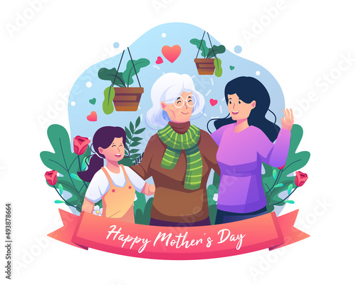 Adult Daughter, Grandma, and Granddaughter happily embrace each other. Three ages of women celebrating Mother's Day. Flat style vector illustration