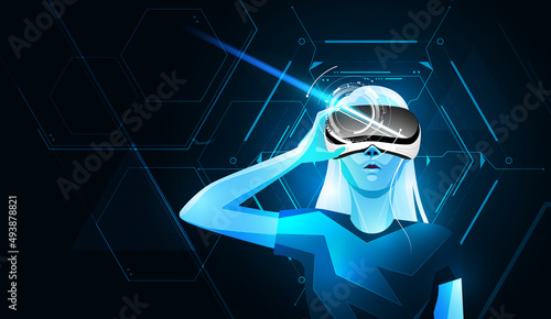 Metaverse digital cyber world technology, Woman holding virtual reality glasses on blue abstract background, vector illustration.