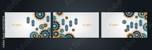 Islamic Ramadan background banner with mosque arabic pattern lantern moon crescent star. Design for Eid Adha, Eid Fitr, Muharram, Mawlid Nabi Prophet, Islamic New Year. Vector illustration. © Salman