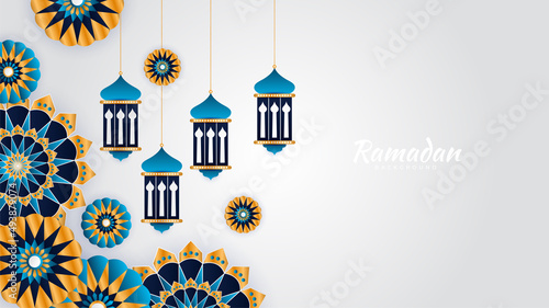 Islamic Ramadan background banner with mosque arabic pattern lantern moon crescent star. Design for Eid Adha, Eid Fitr, Muharram, Mawlid Nabi Prophet, Islamic New Year. Vector illustration.