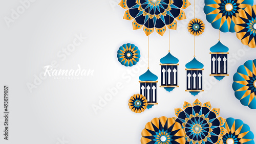 Islamic Ramadan background banner with mosque arabic pattern lantern moon crescent star. Design for Eid Adha, Eid Fitr, Muharram, Mawlid Nabi Prophet, Islamic New Year. Vector illustration.