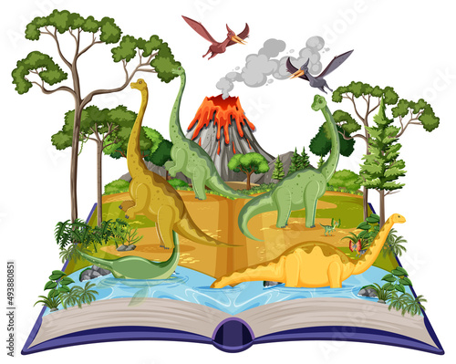 Book with scene of brachiosaurus by the river