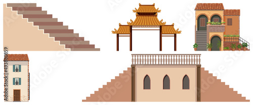 Different design of buildings on white background