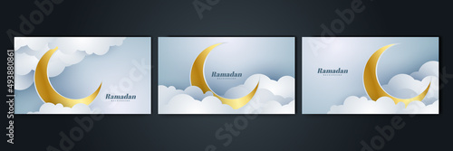 Islamic Ramadan background banner with mosque arabic pattern lantern moon crescent star. Design for Eid Adha, Eid Fitr, Muharram, Mawlid Nabi Prophet, Islamic New Year. Vector illustration.