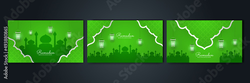 Islamic Ramadan background banner with mosque arabic pattern lantern moon crescent star. Design for Eid Adha, Eid Fitr, Muharram, Mawlid Nabi Prophet, Islamic New Year. Vector illustration.