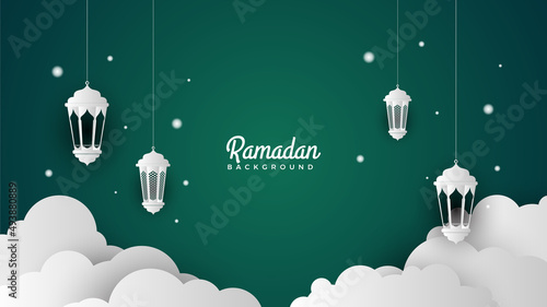 Islamic Ramadan background banner with mosque arabic pattern lantern moon crescent star. Design for Eid Adha, Eid Fitr, Muharram, Mawlid Nabi Prophet, Islamic New Year. Vector illustration.