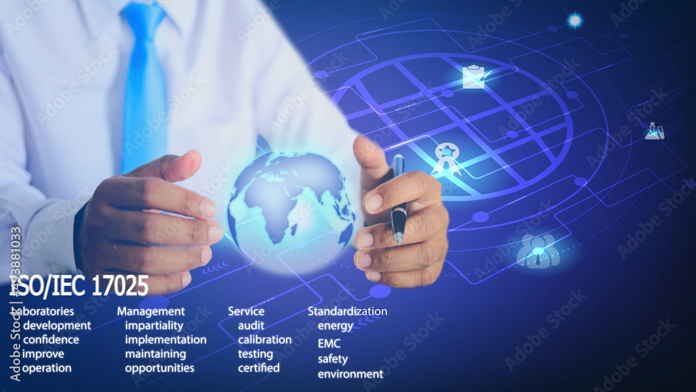 Hands and 3D world maps represent business management and testing laboratories to be recognized by customers on a global scale under the standard of ISO IEC 17025. Testing laboratory Quality concept.