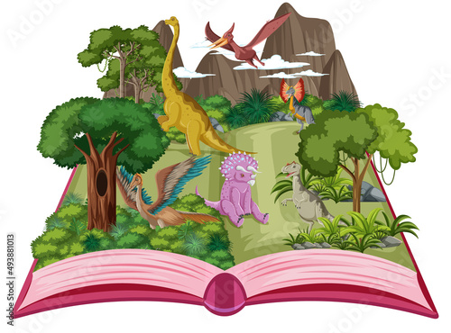 Pop up book with outdoor nature scene and dinosaur