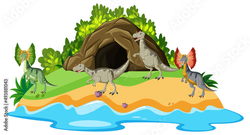 Scene with dinosaurs on island