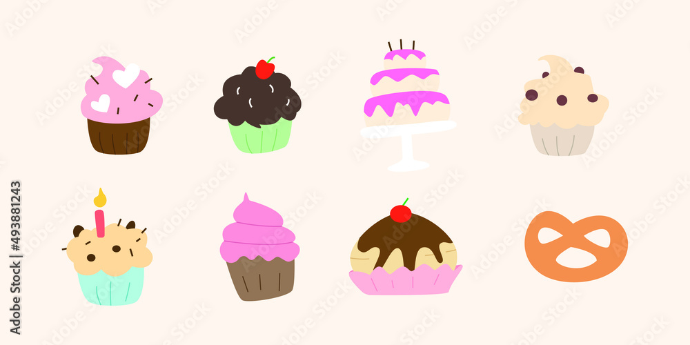set of cream cake with candles and berries in vector illustration. various cake icons in a flat design style for celebration, anniversaries, weddings, birthdays, etc